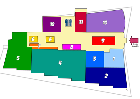 Plan schématique de la médiathèque vu du dessus, les pièces du bâtiment sont numéroté de 1 à 12.